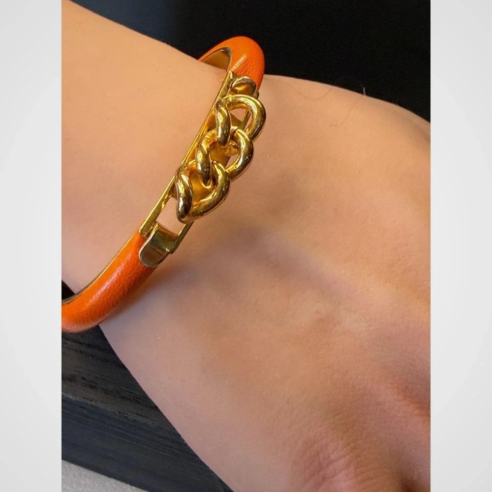 Mannelli Florence Orange Leather 24KT Gold Plated Curb‎ Link Bangle Bracelet - Picture 2 of 6